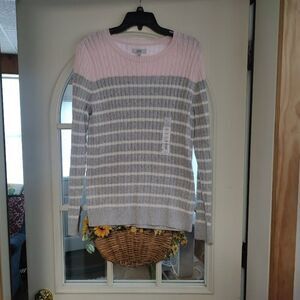 New Croft & Barrow Pink Crew Neck Gray White Striped Sweater Size Women's M